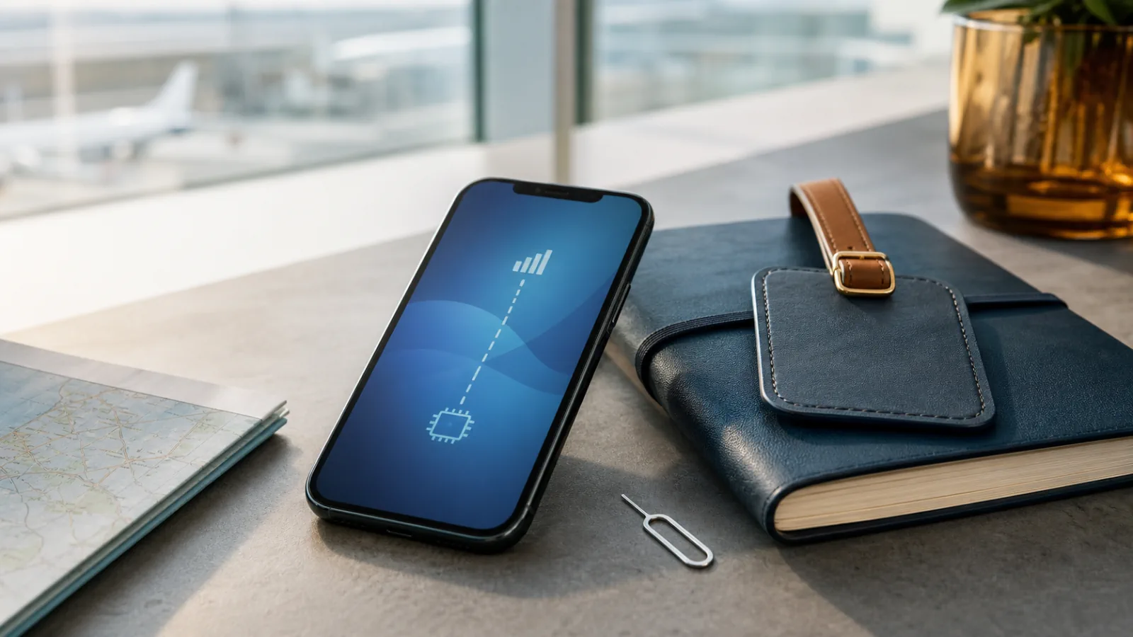 Phone showing digital connectivity beside travel essentials