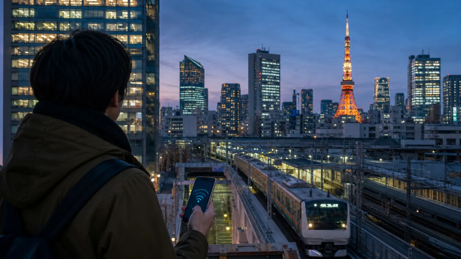 Tokyo skyline at blue hour with a traveler checking their phone